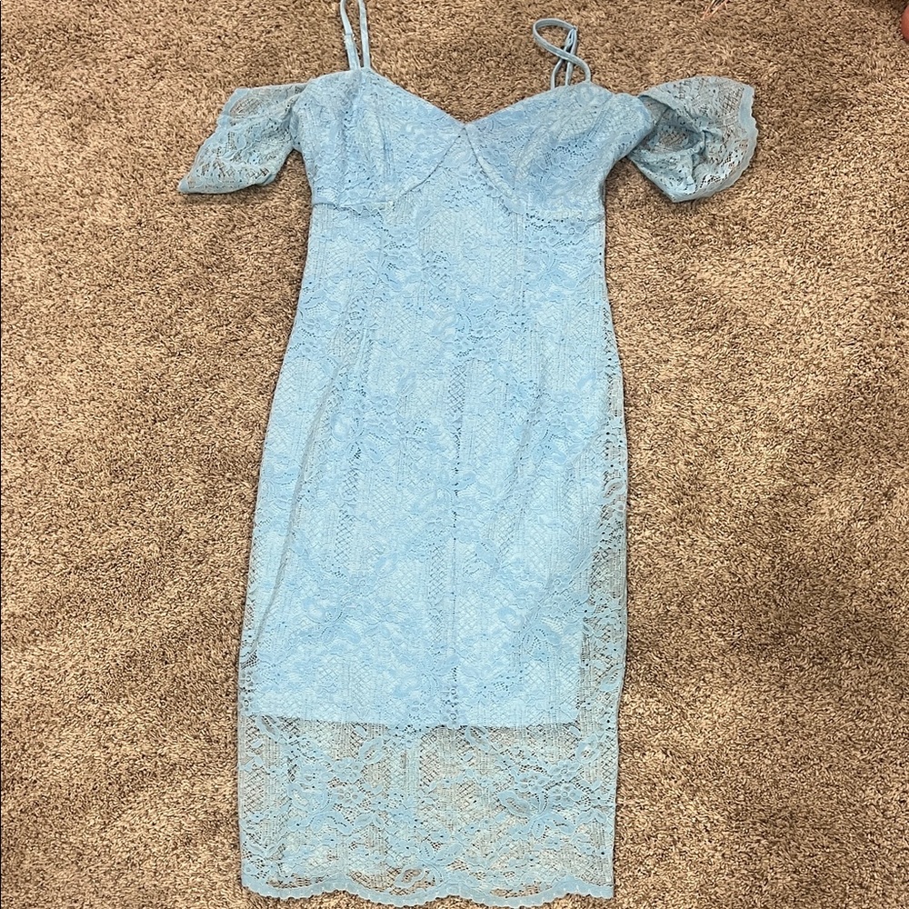 Guess Light Blue Lace Midi Dress